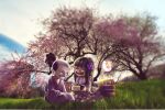  1037293081 1boy 1girl ^_^ black_hair cherry_blossoms child closed_eyes flower food full_body grass hair_flower hair_ornament high_ponytail highres holding holding_food japanese_clothes long_hair looking_at_another momonosuke_(one_piece) on_grass one_piece open_mouth outdoors ponytail short_ponytail sitting smile teeth traditional_clothes tree 