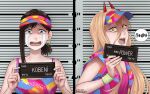  2girls barbie_(franchise) barbie_(live_action) barbie_mugshot_(meme) blonde_hair brown_eyes brown_hair chainsaw_man character_name crying crying_with_eyes_open demon_girl demon_horns dismaiden earrings hair_ornament hairclip height_chart height_mark higashiyama_kobeni highres holding holding_sign hoop_earrings horns jewelry long_hair looking_at_viewer meme mole mole_under_eye mole_under_mouth mugshot multicolored_clothes multicolored_headwear multiple_girls nameplate open_mouth orange_eyes red_horns sharp_teeth short_hair side_ponytail sign single_earring single_sidelock sleeveless tears teeth upper_body 