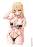  1girl areola_slip arm_at_side arm_up bare_shoulders black_one-piece_swimsuit blonde_hair blush braid breasts closed_mouth collarbone cropped_legs ebifurya hair_between_eyes highres kantai_collection large_breasts long_hair looking_at_viewer navel one-hour_drawing_challenge one-piece_swimsuit purple_eyes simple_background skindentation solo stomach strap_gap sweat swimsuit thighs twitter_username underboob white_background zara_(kancolle) 