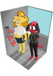  absurd_res animal_crossing anthro belly big_belly book bottomwear breast_size_difference breasts button_(fastener) canid canine canis cherry_(animal_crossing) cleavage clothed clothing domestic_dog dress_shirt duo elevator emanata female hand_on_own_belly hands_behind_back hi_res holding_book holding_object isabelle_(animal_crossing) looking_aside looking_at_another looking_at_belly mammal navel nintendo overweight overweight_female pencil_skirt pink_nose rumbling_stomach shirt skirt straining_buttons strawberrywith4 topwear wardrobe_malfunction worried 