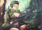  1girl 2023 antlers antlers_through_headwear artist_logo belt beret bikini bird black_shorts blue_jay blurry blurry_background bolt_action braid braided_bangs breasts bush ceres_fauna cleavage commentary day english_commentary eyes_visible_through_hair forest gloves green_belt green_bikini green_gloves green_hair green_headwear gun hair_over_one_eye hand_up hat headphones highres hiroki_ree holding holding_gun holding_weapon hololive hololive_english knee_pads large_breasts leaf long_bangs long_hair long_sleeves looking_at_viewer midriff mole mole_under_eye nature navel outdoors parted_lips remington_model_700 rifle rock scope shorts shrug_(clothing) sitting smile snap-fit_buckle sniper_rifle solo squirrel swimsuit tree virtual_youtuber weapon yellow_eyes 
