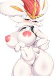  absurd_res anthro big_breasts bite biting_lip blush breasts cinderace female front_view fur generation_8_pokemon hi_res kyodashiro lagomorph mammal nintendo nipples pokemon pokemon_(species) simple_background smile solo white_background white_body white_fur 