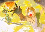  ! 1boy apple arm_armor arm_up asymmetrical_clothes black_hands blonde_hair blue_eyes claws day food food_in_mouth fruit link long_hair mo_(ine_mao) open_clothes outdoors reaching shirt shoulder_tattoo tattoo the_legend_of_zelda the_legend_of_zelda:_tears_of_the_kingdom tree twitter_username white_shirt yellow_theme 