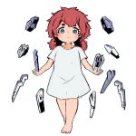  1girl bare_legs barefoot bit_(gundam) blue_eyes blush closed_mouth dress ericht_samaya full_body gundam gundam_suisei_no_majo highres koyaonkoya looking_at_viewer low_twintails red_hair short_sleeves short_twintails simple_background solo standing twintails white_background white_dress 