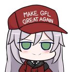  baseball_cap black_necktie blush chibi closed_mouth coat collared_shirt cosplay english_commentary english_text female_commander_(girls&#039;_frontline) female_commander_(girls&#039;_frontline)_(cosplay) girls&#039;_frontline green_eyes grey_hair griffin_&amp;_kryuger_military_uniform hat long_hair make_america_great_again necktie original randgriz96 red_coat red_headwear shirt simple_background smile white_background white_shirt 