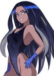  1girl black_hair black_leotard black_one-piece_swimsuit blue_eyes blue_gloves breasts colored_inner_hair cowboy_shot dark-skinned_female dark_skin geeta_(pokemon) gloves grey_hair hai_(h81908190) hand_on_hip highleg highleg_leotard highleg_swimsuit leotard long_hair multicolored_hair one-piece_swimsuit pokemon pokemon_(game) pokemon_sv simple_background small_breasts solo swimsuit white_background 