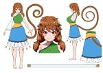 1girl barefoot blue_dress blush_stickers brown_hair circlet closed_mouth detached_sleeves dress green_dress highres long_hair low_twintails monkey_tail multicolored_clothes multicolored_dress multiple_views pepelonthi red_eyes simple_background single_detached_sleeve smile son_biten tail test_tube touhou twintails unfinished_dream_of_all_living_ghost white_background white_sleeves yellow_dress 