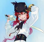  1girl black_headwear commentary eyepatch eyepatch_lift gemi_ningen gradient_background grin handkerchief holding_hands hook_hand long_hair long_sleeves original petite pirate puffy_sleeves rapier red_hair scar scar_on_cheek scar_on_face scar_on_nose sharp_teeth simple_background slit_pupils smile solo sword sword_behind_back symbol-only_commentary teeth weapon yellow_eyes 