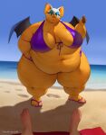  2023 anthro barefoot bat bat_wings beach belly belly_overhang big_belly big_breasts biped bottle breasts cleavage clothed clothing colored_nails container detailed_background double_chin duo eyelashes fat_arms feet female female_focus first_person_view flip_flops footprints footwear grainy green_eyes hand_on_hip hi_res holding_bottle holding_container holding_object huge_breasts huge_thighs human humanoid_feet hyper lidded_eyes lips looking_at_viewer looking_down looking_down_at_viewer mammal membrane_(anatomy) membranous_wings morbidly_obese morbidly_obese_anthro morbidly_obese_female nails narrowed_eyes navel obese obese_anthro obese_female orange_body orange_skin outside overweight overweight_anthro overweight_female pink_lips pink_nails plantigrade purple_clothing purple_swimwear rouge_the_bat sand sandals sea seaside sega shadow signature sky smile solo_focus sonic_the_hedgehog_(series) standing sunscreen swimwear thick_thighs toes totesfleisch8 towel water wide_hips wings 