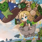  ! 1boy backpack bag blonde_hair blue_eyes blue_sky branch chibi closed_mouth cloud commentary_request day expressionless floating_island full_body gauntlets highres jakomurashi korok leaf link looking_afar medium_hair mine_cart outdoors pointy_ears single_gauntlet sky the_legend_of_zelda the_legend_of_zelda:_tears_of_the_kingdom toga 