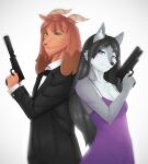  absurd_res angelica_moon_(claydon_delve) anthro back_to_back black_tie_(suit) bovid canid canine canis caprine clothing duo evening_dress female goat gun hi_res holding_gun holding_object holding_weapon male male/female mammal ranged_weapon suit uchihaajake weapon william_gruff_(claydon_delve) wolf 