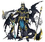  1boy armor axe ball_and_chain_(weapon) battle_axe black_armor black_horns black_tail black_wings blue_eyes dark-skinned_male dark_skin dragon_boy dragon_horns dragon_tail dragon_wings full_body gauntlets gold_trim graves guzzlord hood hood_up horns katagiri_hachigou legs_apart loincloth male_focus mask personification planted planted_axe planted_sword pokemon simple_background skull solo spiked_armor spiked_ball_and_chain spikes standing sword tail torn_clothes torn_wings waist_cape weapon white_background wings 