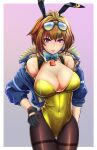  1girl :p ahoge bare_shoulders blush breasts brown_hair collarbone covered_navel cowboy_shot fur-trimmed_hood fur_trim girls&#039;_frontline grizzly_mkv_(girls&#039;_frontline) highres hood ichi_illust001 jacket large_breasts pantyhose playboy_bunny purple_eyes short_hair solo thighband_pantyhose tongue tongue_out 