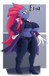  3_fingers absurd_res anthro big_breasts blue_body bottomwear breasts bullelewds clawed_fingers claws clothed clothing female fingers footwear generation_4_pokemon hair hi_res jacket long_hair navel nintendo pants pokemon pokemon_(species) red_eyes red_hair shirt shoes smile solo topwear weavile 
