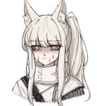  1girl animal_ear_fluff animal_ears arknights bright_pupils highres horse_ears horse_girl jacket long_hair nervous_sweating petra_(jgc845601) platinum_(arknights) ponytail portrait shaded_face sidelocks simple_background solo sweat white_background white_hair white_jacket white_pupils yellow_eyes 