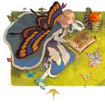  1boy aqua_eyes aqua_footwear blanca_(fate) blonde_hair blue_butterfly blue_cape blue_coat book border bug butterfly butterfly_wings cape caterpillar coat crown fairy fate/grand_order fate_(series) full_body fur-trimmed_cape fur_trim green_butterfly hair_between_eyes hand_on_own_cheek hand_on_own_face head_rest high_heels highres long_sleeves male_focus medium_hair moth oberon_(fate) on_grass open_book orange_butterfly outside_border pop-up_book reading reclining robe senkan_(708thousands) shoes sleeveless_coat smile socks solo tassel white_border white_robe white_socks wings yellow_butterfly 