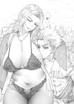  1boy 1girl absurdres age_difference arm_around_waist bleach bra breasts female_pubic_hair fkscrashing greyscale highres hitsugaya_toushirou huge_breasts jewelry lace-trimmed_bra lace-trimmed_panties lace_trim lingerie matsumoto_rangiku mature_female monochrome muscular muscular_male necklace onee-shota panties pubic_hair pubic_hair_peek skindentation smile spiked_hair underwear 