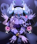  1boy 2girls acerola_(pokemon) ahoge allister_(pokemon) armlet black_hair bright_pupils closed_mouth collared_shirt commentary_request dress eyelashes floating_hair ghost_miku_(project_voltage) glint gloves grey_eyes hair_between_eyes hair_ornament hairclip hatsune_miku highres long_hair long_sleeves looking_up mask mocacoffee_1001 multiple_girls partially_fingerless_gloves pokemon pokemon_(game) pokemon_sm pokemon_swsh project_voltage purple_eyes purple_hair shirt short_hair short_sleeves signature single_glove smile suspenders topknot torn_clothes torn_dress twintails vocaloid white_pupils 
