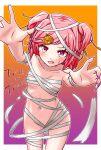  1girl absurdres bandages breasts broly_matsumoto collarbone doki_doki_literature_club english_text food-themed_hair_ornament gradient_background hair_ornament highres looking_at_viewer nail_polish naked_bandage natsuki_(doki_doki_literature_club) navel pink_eyes pink_hair pumpkin_hair_ornament short_hair short_twintails small_breasts sweatdrop trick_or_treat twintails 