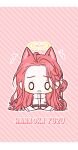  0_0 1girl ^^^ animal_ear_fluff animal_ears blue_archive braid cat_ears character_name chibi diagonal_stripes forehead full_body hair_ribbon halo highres jacket kemonomimi_mode looking_at_viewer parted_lips pink_background power_symbol red_hair ribbon seno_(senohime) shoes sitting solo striped striped_background teardrop white_footwear white_jacket white_ribbon yuzu_(blue_archive) 
