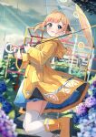  1girl :d animal_ears animal_hood blonde_hair blue_dress blue_eyes blue_flower blue_sky blunt_bangs blurry blurry_background blush boots cloud commentary_request day depth_of_field dress enuni fake_animal_ears flower hair_ornament hairclip highres holding holding_umbrella hood hood_down hooded_jacket hoshino_sora_(enuni) hydrangea jacket jungle_gym long_hair looking_at_viewer looking_to_the_side open_clothes open_jacket original outdoors purple_flower raincoat rubber_boots sky smile solo thighhighs thighhighs_under_boots transparent transparent_umbrella twintails umbrella water_drop white_thighhighs yellow_footwear yellow_jacket 