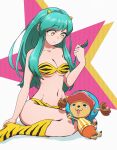  1girl absurdres animal animal_print antlers antlers_through_headwear bare_shoulders bikini boots breasts full_body fur_bikini green_hair highres horns long_hair lum navel one_piece oni oni_horns sitting solo strapless strapless_bikini swimsuit thighs tiger_print tony_tony_chopper urusei_yatsura wolkat yellow_bikini yellow_eyes yellow_horns 