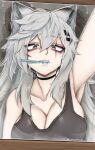  absurd_res accessory animal_humanoid arknights big_breasts breasts brush cakecatboy canid canid_humanoid canine canine_humanoid cleavage clothed clothing fangs female grey_eyes grey_hair hair hair_accessory hi_res huge_breasts humanoid hypergryph lappland_(arknights) mammal mammal_humanoid mirror side_boob signature solo studio_montagne teeth text toothbrush wolf_humanoid 
