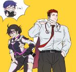  1boy 1girl bara belt black_bodysuit bodysuit character_request collared_shirt feet_out_of_frame highres large_pectorals live_a_hero looking_at_viewer muscular muscular_male necktie pants pectorals red_necktie sdz_(inazuma) shirt short_hair sideburns standing stethoscope thick_eyebrows torn_bodysuit torn_clothes white_bodysuit yellow_background 