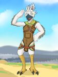  2023 anthro avian beak belt belt_buckle bird blue_eyes blush clothing feathers fur fuze green_scarf grey_body grey_feathers hair hi_res looking_at_viewer male nintendo outside pockets ponytail rito scarf solo talons tears_of_the_kingdom the_legend_of_zelda tongue topwear tulin_(zelda) white_body white_fur 