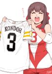  1girl :d artist_name baseball_jersey brown_hair closed_eyes commentary dated elbow_pads facing_viewer girls_und_panzer headband heart highres holding holding_clothes holding_shirt kondou_taeko medium_hair open_mouth red_headband red_shirt red_shorts satou_yasu shirt shorts signature simple_background single_vertical_stripe sleeveless sleeveless_shirt smile solo sportswear standing translated volleyball_uniform white_background 
