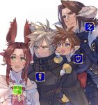  1girl 3boys aerith_gainsborough animal_ears aqua_eyes au_ra black_gloves black_jacket blonde_hair blue_eyes braid braided_ponytail brown_capelet brown_hair capelet cat_boy cat_ears cloud_strife curled_horns dress facial_mark final_fantasy final_fantasy_vii final_fantasy_vii_remake final_fantasy_xiv gloves green_eyes hair_between_eyes hair_ribbon hand_on_own_cheek hand_on_own_face highres horns jacket kingdom_hearts kingdom_hearts_ii lalafell long_hair looking_to_the_side medium_hair miqo&#039;te multiple_boys open_mouth parted_bangs pink_dress pink_ribbon pointy_ears rabbit_ears rabbit_girl ribbon ryouto short_hair sidelocks single_braid sora_(kingdom_hearts) spiked_hair squall_leonhart upper_body viera white_background 