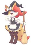 3_fingers 3_toes accessory anthro apron black_body black_fur bow_(feature) bow_accessory bow_ribbon braixen broom canid canine cheek_tuft cleaning_tool clothing digital_media_(artwork) facial_tuft feet female fingers fluffy fur generation_6_pokemon hat headgear headwear hi_res inner_ear_fluff looking_at_viewer mammal moduckten nintendo pokemon pokemon_(species) red_eyes red_nose shirt simple_background smile solo tail terner-chan_(moduckten) toes topwear tuft white_body white_clothing white_fur white_shirt white_topwear witch_hat yellow_body yellow_fur 