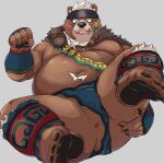  2023 anthro anus balls bear belly big_belly black_nose bottomwear bottomwear_aside bulge butt clothing clothing_aside genitals hi_res humanoid_hands kemono kimun_kamui_(tas) lifewonders loincloth loincloth_aside male mammal moobs navel overweight overweight_male simple_background solo syakekuro tokyo_afterschool_summoners 