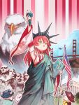  1girl 35p_(sakura_miko) 3others absurdres american_flag bald_eagle bird cat cellphone cosplay dragon eagle english_text engrish_text furry golden_gate_bridge green_eyes highres holding holding_phone hololive hyde_(tabakko) long_hair mount_rushmore multiple_others patriotism phone ranguage red_hair sakura_miko selfie smartphone statue_of_liberty taking_picture united_states 