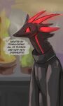  2023 annoy_(character) annoyance anthro black_body clothed clothing digital_media_(artwork) english_text goo_creature hair hi_res horn jacket machine male markings red_eyes red_horn red_markings red_sclera robot smile solo text topwear unknown_species 