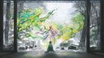  1girl architecture aura bare_tree barefoot black_hair breasts bush character_request closed_eyes contrast day east_asian_architecture facing_away flower giving green_robe green_theme highres holding holding_flower holding_paintbrush indoors japanese_clothes kachou_fuugetsu_(onmyoji) kaisei_kachou_fuugetsu_(onmyoji) kimono long_hair long_sleeves magic obi onmyoji paintbrush petals pink_flower purple_hair robe rock sash seiza short_hair sitting snow soles solo spring_(season) stone_lantern tree very_long_hair winter wooden_floor yinertang 