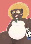  2023 anthro belly biped brown_body canid canine clothing eyes_closed hat headgear headwear hi_res kemono mammal overweight raccoon_dog red_background simple_background solo tanuki tinntira 