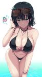  2girls bare_shoulders bikini black_hair blush bracelet breasts choker earrings eyewear_on_head fubuki_(one-punch_man) green_eyes green_hair highleg highleg_bikini highres jewelry kasai_shin large_breasts leaning_forward looking_at_viewer multiple_girls navel o-ring o-ring_top one-punch_man short_hair siblings side-tie_bikini_bottom sisters smile stud_earrings swimsuit tatsumaki thigh_gap thighs wading water 