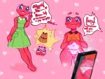  2022 amphibian animal_crossing anthro barefoot cellphone clothed clothing clothing_lift cutiebun dialogue dress dress_lift embarrassed english_text feet female flashing frog gesture green_clothing green_dress hi_res nervous nintendo panties phone puddles_(animal_crossing) solo standing text underwear unseen_character v_sign 