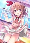  1girl absurdres apron ass_visible_through_thighs blurry blurry_background brown_hair clothes_lift cup gochuumon_wa_usagi_desu_ka? hairband highres hoto_cocoa looking_at_viewer neko_pan open_mouth panties pink_panties pink_shirt polka_dot polka_dot_panties purple_eyes red_hairband shirt short_hair skirt skirt_lift sleeveless sleeveless_shirt smile solo striped striped_shirt striped_skirt teacup thigh_gap underwear white_apron 