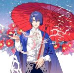  1boy album_cover black_pants blue_hair blue_jacket camellia center_frills cover cowboy_shot flower frills hair_between_eyes haori hijirikawa_masato holding holding_smoking_pipe holding_umbrella jacket japanese_clothes light_smile long_sleeves looking_at_viewer male_focus mole mole_under_eye official_art oil-paper_umbrella pants purple_eyes red_flower red_umbrella shirt short_hair smoke smoking_pipe snowing solo song_name straight_hair umbrella uta_no_prince-sama white_shirt wide_sleeves 