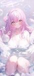  1girl angel_wings bare_shoulders bath bathing bathroom blue_archive blurry blush bow breasts bubble bubble_bath deyui feathered_wings flower hair_bun hair_flower hair_ornament halo highres large_breasts long_hair looking_at_viewer mika_(blue_archive) paid_reward_available parted_lips partially_submerged pink_hair single_side_bun sitting soap_bubbles solo swimsuit thighs water wet white_wings wings yellow_eyes 