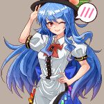  1girl :d adjusting_clothes adjusting_headwear apron back_bow black_headwear blue_bow blue_hair blue_skirt blush bow brown_background buttons collared_shirt eaglov food frilled_shirt frills fruit gradient_hair hair_between_eyes hand_on_own_hip hand_up highres hinanawi_tenshi leaf_hat_ornament long_hair looking_at_viewer multicolored_hair neck_ribbon one_eye_closed open_mouth peach peach_hat_ornament pink_eyes pixel_art puffy_sleeves rainbow_order red_ribbon ribbon shirt skirt smile solo speech_bubble teeth touhou upper_body upper_teeth_only waist_apron white_apron white_shirt 