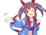  1girl ;o animal_ears armband blue_hairband blue_jacket blue_shirt blush brown_eyes brown_hair clenched_hand cosplay crop_top fingerless_gloves gloves hair_ornament hairband hand_up horse_ears idolmaster idolmaster_cinderella_girls jacket long_hair long_sleeves midriff ogata_chieri one_eye_closed oozora_naomi open_mouth print_shirt revision shirt sidelocks simple_background solo sweat tamamo_cross_(umamusume) tamamo_cross_(umamusume)_(cosplay) tsukkomi twintails uccow umamusume upper_body voice_actor_connection white_background white_gloves 