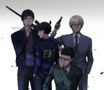  4boys akai_shuuichi amuro_tooru beanie black_hair black_headwear black_jacket black_necktie black_pants blonde_hair blue_eyes blue_jacket cigarette closed_mouth clothes_writing collared_shirt cowboy_shot dark-skinned_male dark_skin eye_contact fbi finger_on_trigger glasses green_jacket green_pants green_suit grey_jacket grey_pants grey_suit gun hanakan hand_in_pocket hand_up handgun hat holding holding_cigarette holding_gun holding_weapon jacket kazami_yuuya kudou_shin&#039;ichi looking_at_another looking_at_viewer male_focus meitantei_conan motion_blur mouth_hold multiple_boys necktie pants parted_lips police police_uniform profile purple_shirt red_necktie rifle shirt short_hair sideways_glance smoking sniper_rifle spiked_hair standing suit uniform weapon white_background white_shirt 