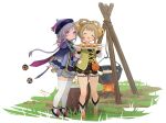  2girls :d absurdres artist_name basket bead_necklace beads bell boots bow-shaped_hair brown_hair campfire closed_eyes coin_purse commentary_request cooking_pot dated flower full_body genshin_impact grass grey_hair hair_bell hair_ornament hat highres holding holding_plate jewelry jiangshi_costume koebushi_(mat) long_hair long_sleeves looking_at_viewer lotus multiple_girls necklace plate pom_pom_(clothes) purple_eyes qing_guanmao qiqi_(genshin_impact) shorts simple_background skindentation smile standing thighhighs white_background white_thighhighs yaoyao_(genshin_impact) 