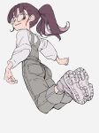  1girl from_behind full_body glasses grey_footwear grey_overalls grin highres legs_up midair original overalls poca38 ponytail purple_eyes purple_hair shirt short_eyebrows simple_background smile solo white_shirt 