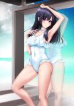  1girl against_glass arm_up black_hair breasts casual_one-piece_swimsuit covered_navel feet_out_of_frame frilled_one-piece_swimsuit frills hibike!_euphonium highres kousaka_reina long_hair looking_at_viewer medium_breasts natme24 one-piece_swimsuit purple_eyes reflection solo swimsuit white_one-piece_swimsuit 