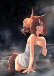  1girl alternate_costume alternate_hairstyle animal_ears bare_shoulders blush breasts brown_eyes brown_hair commentary_request cowboy_shot hair_bun horse_ears horse_girl horse_tail ikuno_dictus_(umamusume) looking_at_viewer multicolored_hair naked_towel onsen open_mouth outdoors partially_submerged round_eyewear short_hair sinnra_art small_breasts streaked_hair tail towel umamusume white_hair 