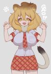 1girl animal_ears brown_hair extra_ears gao grey_background kemono_friends lion_(kemono_friends) lion_ears lion_girl lion_tail long_hair looking_at_viewer necktie notora scarf shirt simple_background skirt smile solo tail yellow_eyes 